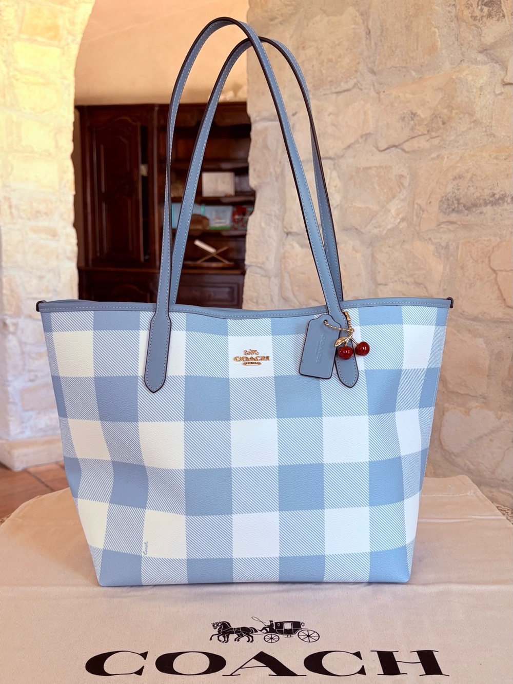 Coach Blue and White Gingham Tote with Cherry Charm